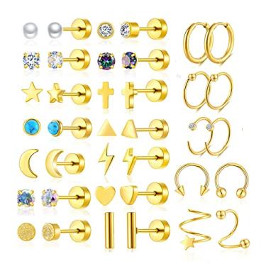 Imagem de Conjunto de brincos de aço inoxidável para mulheres e homens banhado a ouro 14K pequenos brincos de pino de tarraxa brincos de argola femininos masculinos hipoalergênicos zircônia cúbica brincos de cartilagem Rook Daith tragues lóbulo concha piercing de septo jóias, Zircônia cúbica Aço inoxidável Ti