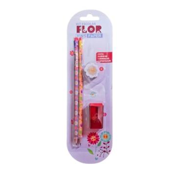 Imagem de kit 2 lapis HB, 1 apontador, 1 borracha, kit escolar Flor