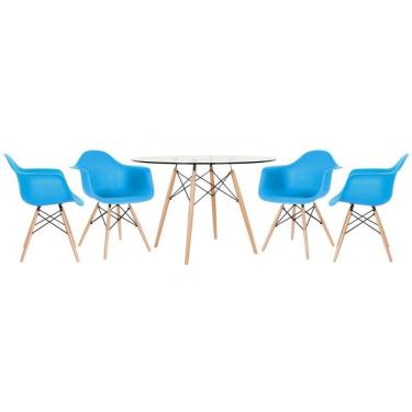 Imagem de Mesa Redonda Eames Com Tampo De Vidro 120 Cm + 4 Cadeiras Eiffel Daw Azul Céu Azul Céu