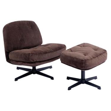 Imagem de HollyHOME Cadeira moderna giratória de 360° com otomano, cadeira de leitura confortável estofada e apoio para os pés, cadeira preguiçosa de tecido com almofada macia, poltrona de sofá para sala de