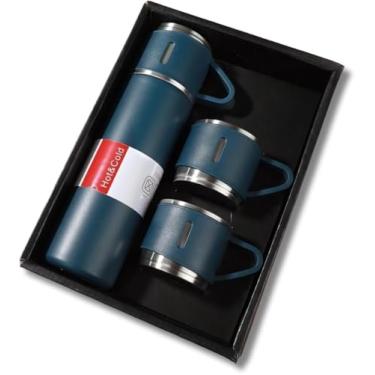 Imagem de Garrafa térmica isolada 500ML Inox à prova de vazamento com 3 xícaras/Canecas de café ou água para sua viagem, acampamento, trabalho, escola e faculdade para bebidas quentes e frias (Azul)