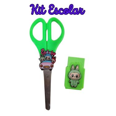Imagem de Kit Escolar tesoura sem ponta e borracha La bubu papelaria borracha com capa escolar material férias escolares