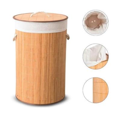 Imagem de Cesto Roupa Suja Multiuso Bambu Redondo Banheiro Lavanderia - Pluggei
