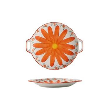 Imagem de Prato raso de orelha dupla de flor pintada à mão Prato de café da manhã doméstico de cerâmica cor sob esmalte - laranja