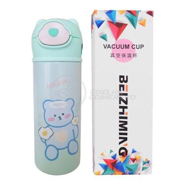 Imagem de Garrafa Térmica De Ursinho Verde Infantil 420ml Com Trava De Tampa E Canudo De Silicone