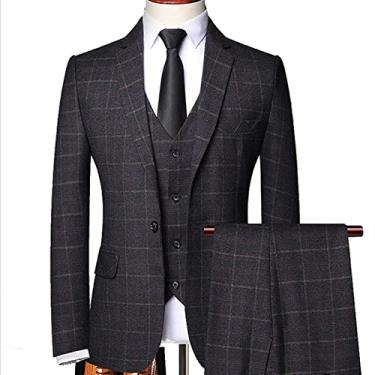 Imagem de Ternos 3 Peças Me Conjunto De Terno Slim Fit Terno Xadrez Para Mim Oe Buttos Busiess Terno Jaqueta Colete Pat Ad Tie, Black, 5XL