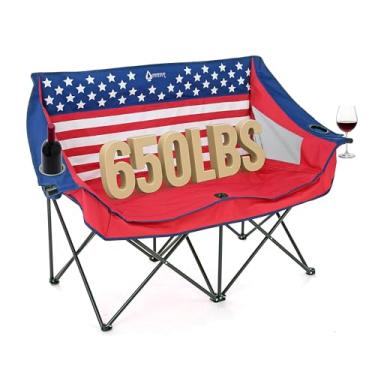 Imagem de ARROWHEAD OUTDOOR Sofá duplo duplo portátil dobrável para cadeira de acampamento com suporte para 2 xícaras e copo de vinho, bolsa de transporte resistente, assentos acolchoados e apoios de braço, suporta até 226 kg, bandeira americana, suporte dos EUA