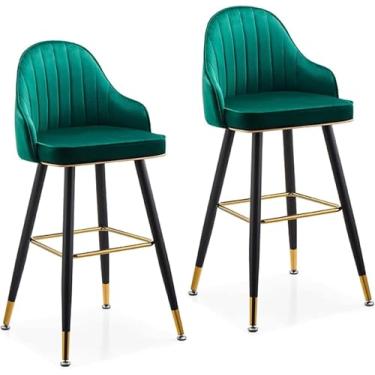 Imagem de Bancos De Altura De Balcão Conjunto De 2 Banquetas, Bancos De Bar De Veludo Bancos De Bar Estofados Cadeiras De Bar Com Apoio Para Os Pés De Encosto Bancos De Cozinha P, Set of 2-green, 65CM