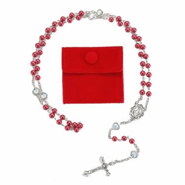 Imagem de 1 colar de contas de pérolas de vidro com epóxi milagroso coração contas de metal rosário pacote em saco de presente de veludo com joia Rosary Pray, 50cm, Zinco, Sem Pedra Preciosa