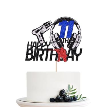 Imagem de Naicaek Palheta de topo de bolo de arma para meninos meninas feliz 11º aniversário dardo bala tema guerra decoração de festa, tema de tiro de armas entusiasta artigos de festa de aniversário para