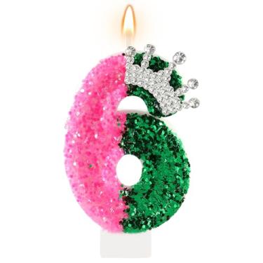 Imagem de AKURIEEY Wicked Birthday Candle Crown Number 6 Candle Pink and Green 6th Birthday Cake Topper Decorações Wicked Themed Party Decor Anniversary Celebrations Supplies