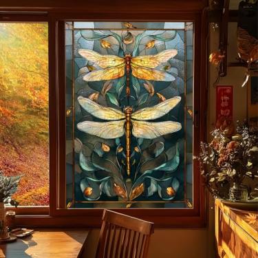 Imagem de HOMETITUTE Película de janela Dragonfly 61 x 91 cm PVC estilo vitral adesivo de janela com desenho de libélula dourada e folha decalque de janela estática para porta de vidro decoração de casa