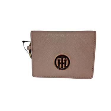 Imagem de Tommy Hilfiger Carteira feminina de couro genuíno porta-cartões chaveiro logotipo dourado, rosa, padrão, clássico