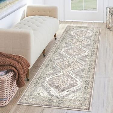 Imagem de KUTA Tapete oriental lavável, 5 x 15 cm, antiderrapante, vintage, marfim cinza, amarelo, corredor, cozinha, ultramacio, estampado, tribal, desgastado, tapete para lavanderia, quarto, sala de estar