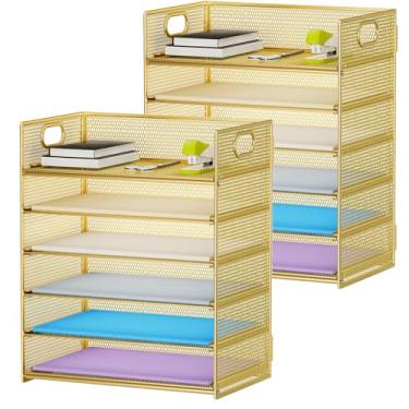 Imagem de Marbrasse Pacote com 2 organizadores de mesa com alça, bandeja de papel de 6 camadas, organizador de arquivos de mesa de malha para escritório, escola e casa - dourado