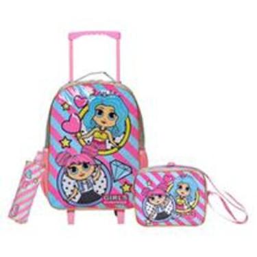 Imagem de Kit Mochila infantil feminina carrinho + lancheira  e estojo standard 