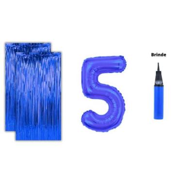 Imagem de Kit 2 Cortinas Metalizadas e Balão Número +Inflador Ar- Azul - Partiuf