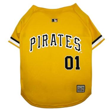 Imagem de Pets First Camiseta MLB Pittsburgh Pirates Throwback para cães e gatos na cor do time. Material elástico confortável, tamanho pequeno