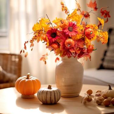 Imagem de 4 peças de flores artificiais outono dourado falso haste longa colheita buquê de flores outono seda folha de bordo girassol abóbora para casa casamento ação de graças centros de mesa arranjos festa