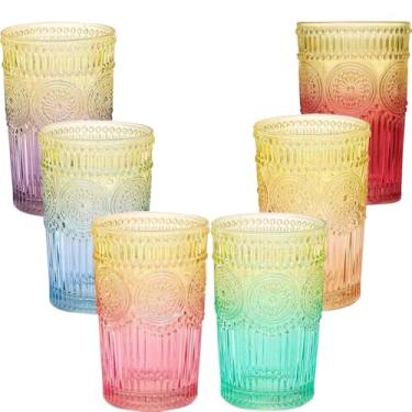 Imagem de Conjunto de copos vintage de vidro colorido, copos em relevo de 400 ml, conjunto de 6, design ombré arco-íris