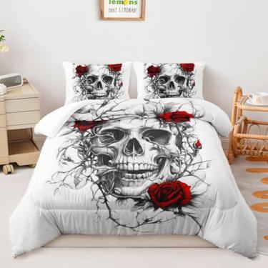 Imagem de AILONEN Conjunto de edredom Queen com caveira rosa, desenho à mão, esqueleto de rosa vermelha, 3 peças, estampa de crânio de flor, branco, com 2 fronhas