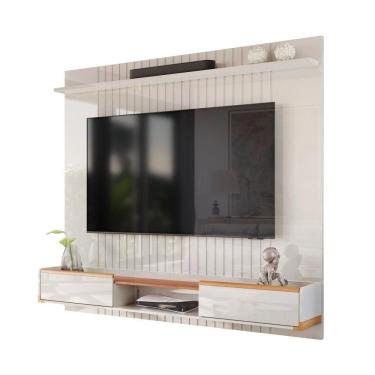 Imagem de Painel Ripado Atlas - Mdf 1 Prateleira, Espaço Para Até 70" Off White Perolizado-jequitiba - Lukaliam Móveis