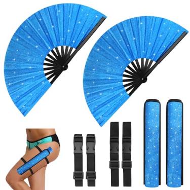 Imagem de Anglekai Ventilador de mão dobrável grande com glitter de 33 cm, leque de mão dançante de linha brilhante 1P/2P com 2 cintos/mangas para decoração de dança (2, azul)