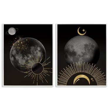 Imagem de Stupell Industries Conjunto de arte giclée emoldurado branco celestial dourado sol e lua 2 peças por Daniela Santiago, 14 x 11