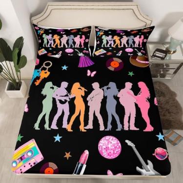 Imagem de jejeloiu Jogo de cama solteiro para meninas, música, guitarra cantora, preta, estética, moderna, discoteca, borboleta, lençol com elástico alto, 2 peças (sem lençol de cima)