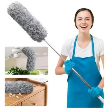 Imagem de Espanador de Pó Extensível 2,80 Metros Microfibra Cabo de Aço Inoxidável Ajustável Haste Flexível Retrátil Limpeza de Áreas Altas e Locais Difíceis Limpador de Tetos Armários Ventiladores Persianas