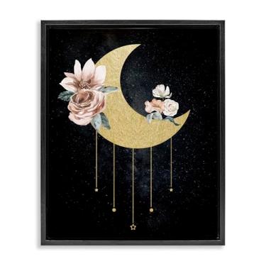 Imagem de Stupell Industries Design de arte de parede em tela flutuante com detalhes glamourosos preto lua com rosas por Daniela Santiago, 21 x 17