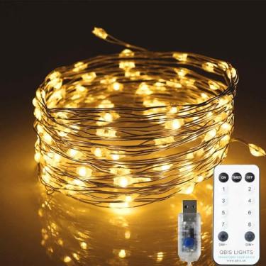 Imagem de QBIS Luzes de Natal USB, 100 LEDs brancos quentes, cordão de iluminação de 5 metros com controle remoto, 8 modos, temporizador, fio condutor de 4 metros, interior/externo, cordão de luzes micro LED