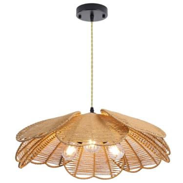 Imagem de WYYSDWNE Lustre de vime com 3 luzes, luminária de lustre boho de 55,4 cm, pingente de vime tecido à mão para sala de jantar, sala de estar, corredor, cozinha