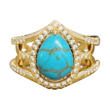 Imagem de Hsitgexf Anel de zircônia cúbica azul turquesa azul banhado a ouro 14 k gota de água, joia retrô boho chique, pedra do mês de nascimento, anel de casamento para mulheres tamanho 6-10(9)