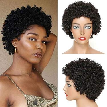 Imagem de Ms Taj Perucas Afro de Cabelo Humano Curto para Mulheres Negras Virgem Brasileira Perucas Afro Curtas Encaracoladas Cabelo Humano Densidade 150% Preto Natural (Estilo Dois) (Preto Natural, Afro)