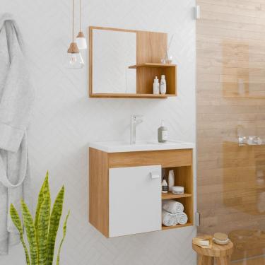 Imagem de Conjunto Gabinete de Banheiro em MDF com Espelheira com Cuba Lótus Cinamomo com OffWhite - Rede Móveis