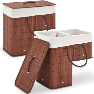 Imagem de GlikCeil 2 cestas de escada com tampa e alças, cestas de escada dobráveis para escadas com carpete e madeira, organizador de bambu para brinquedos e livros de roupas