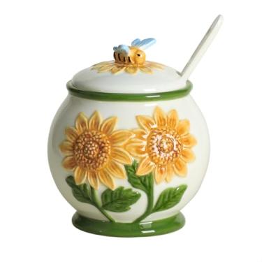 Imagem de WAIT FLY Açucareiro de cerâmica de girassol e abelha em relevo com tampa e colher, recipiente de açúcar, pote de açúcar para bancada de cozinha, barra de café-A
