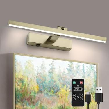 Imagem de ZitoStory Luzes de imagem para parede, latão antigo, regulável, sem fio, para pinturas, luminárias de parede LED, arandela de parede ajustável com controle remoto (latão antigo, 50,8 cm) 3000K