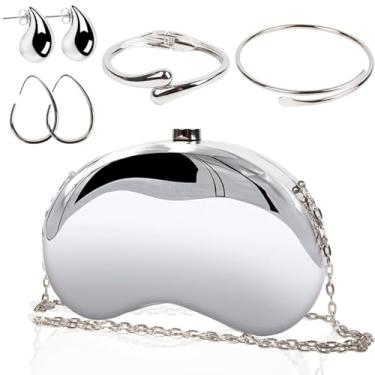 Imagem de Conjunto de bolsa clutch prateada para mulheres - 5 peças de bolsa metálica para noite com pulseiras e brincos bolsas de acrílico para uso formal, Prata, 8.27 * 5.91 * 4.33 inches