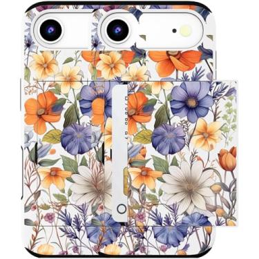 Imagem de MUQR Capa para celular 17 Air compatível com suporte de cartão fofo - Design Kawaii, proteção contra quedas de nível militar, capa carteira robusta para mulheres (arte floral branca outono)
