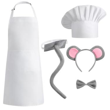Imagem de Conjunto de fantasia de rato com chapéu de chef, avental para adultos, orelhas de rato, faixa de cabeça, laço e cauda, Fantasia de rato, Tamanho Único