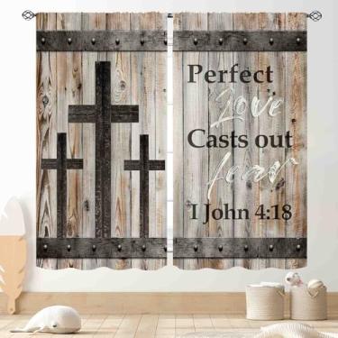 Imagem de Cortinas de madeira de fazenda, placa de madeira marrom rústica versículo bíblico cross country chalé ocidental celeiro garagem cortinas de janela para sala de estar quarto cozinha 2 painéis, 107 x
