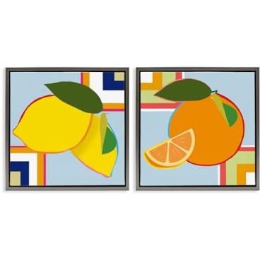 Imagem de Stupell Industries Conjunto de tela flutuante geométrica de frutas cítricas cinza 2 peças, design por Daniela Santiago, 25 x 25