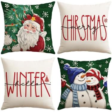 Imagem de OTOSTAR Conjunto de 4 capas de travesseiro verdes de Natal 40,6 x 40,6 cm para decoração de sofá e sala de estar (verde - Papai Noel e boneco de neve para casal)
