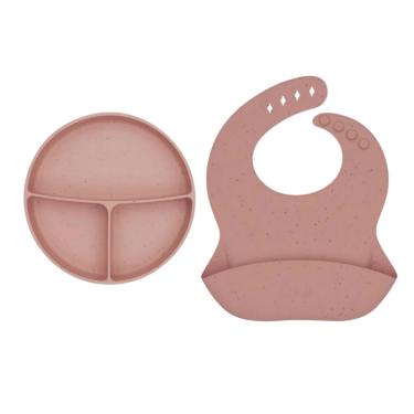 Imagem de Kit Silicone Platinum Blush - Prato com Divisorias + Babador  - Kikka Boo