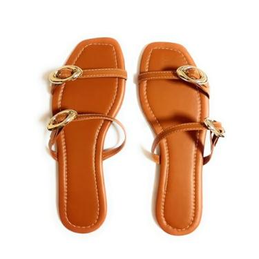 Imagem de Sandália Rasterinha Slide Feminina com Fivelas Douradas, Marrom Caramelo, Tiras Duplas, Sola Plana, 38.
