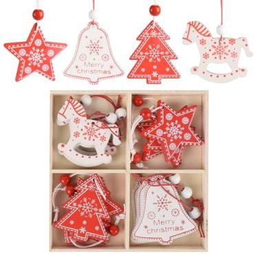 Imagem de VIOCIWUO Enfeites de madeira de Natal 12 peças, decoração de Natal para pendurar árvore de Natal de madeira - estrelas, cavalo de balanço, árvores de Natal e sinos para festa de Natal