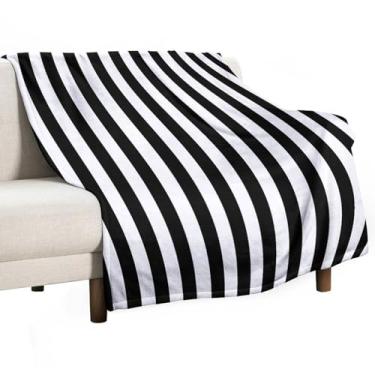 Imagem de Cobertor de flanela listrado vertical preto branco listrado padrão completo cobertor macio aconchegante para casa sofá-cama sofá cadeira decoração de viagem, 127 x 178 cm