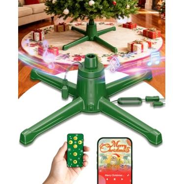 Imagem de COOLWUFAN Suporte giratório musical para árvore de Natal com controle remoto, base de suporte de árvore de 360 graus para árvores artificiais de até 9 pés e 54 kg, 6 tomadas elétricas embutidas